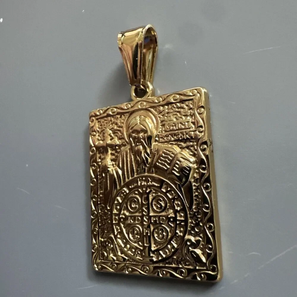 Saint Benedict Gold Tone Pendant Stainless Steel Cross Jesus Orthodox Unisex
